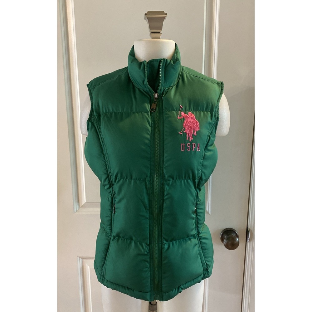 US Polo Assn. Women's Puffer Vest Size Medium Green Pink Large Pony Quilted